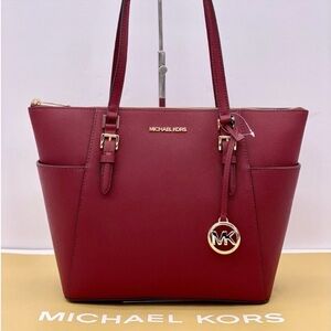 Michael Kors Charlotte Leather Tote Shoulder Bag Dark Cherry